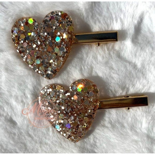 Set of Gold Glitter Heart Shaped Resin Hair Clips