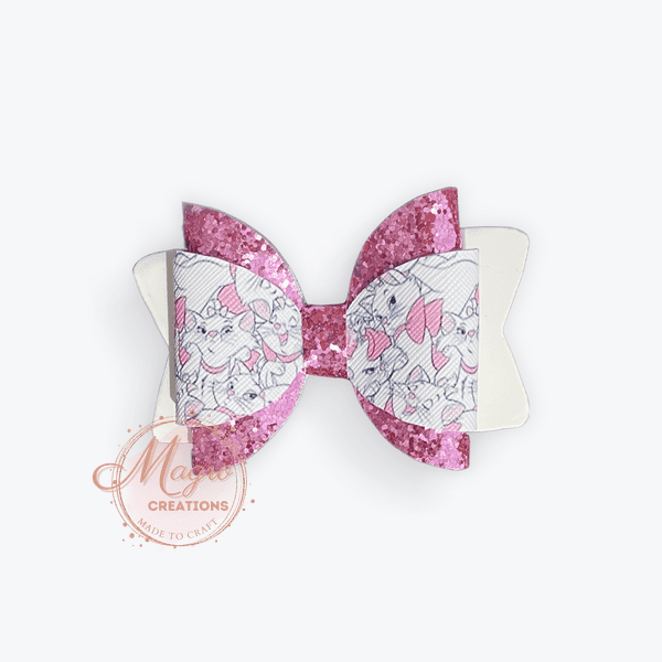 Handmade Pink White Cat Faux Leather Hair Bow