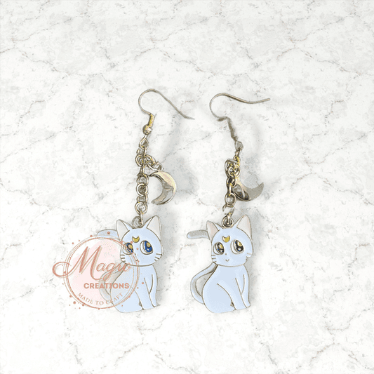 White Cat with Moon Charm Dangling Earrings