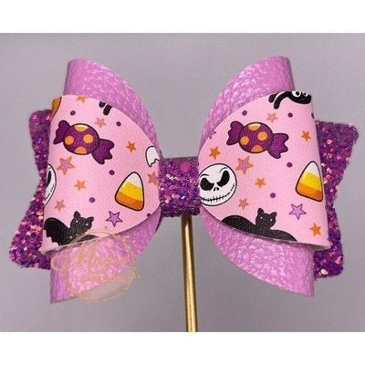 Pink Halloween Theme Ghost Candy Glitter Faux Leather Hair Bow