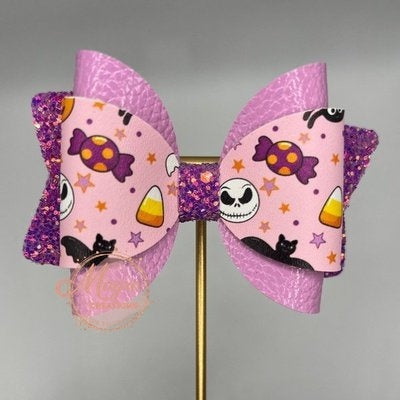 Pink Halloween Theme Ghost Candy Glitter Faux Leather Hair Bow