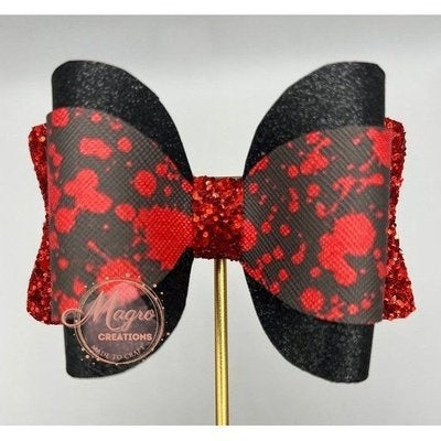 Handmade Black and Red Halloween Theme Glitter Faux Leather Hair Bow