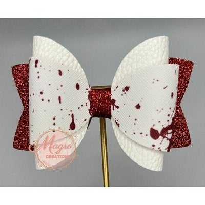 White and Red Halloween Theme Glitter Faux Leather Hair Bow