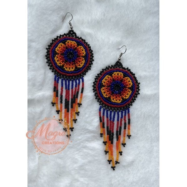 Red Blue and Orange Flower Beaded Leather Dangling Earrings
