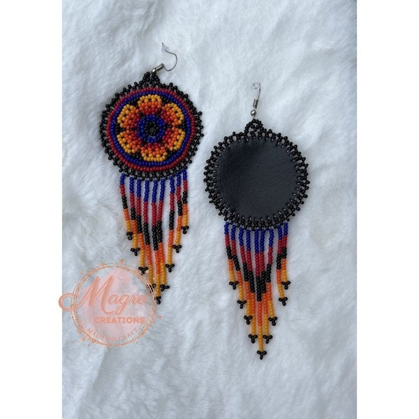 Red Blue and Orange Flower Beaded Leather Dangling Earrings