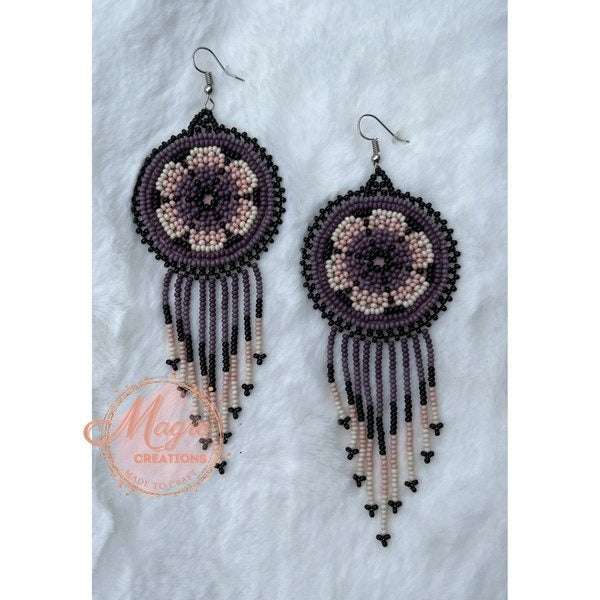 Mauve Pink and White Flower Beaded Leather Dangling Earrings