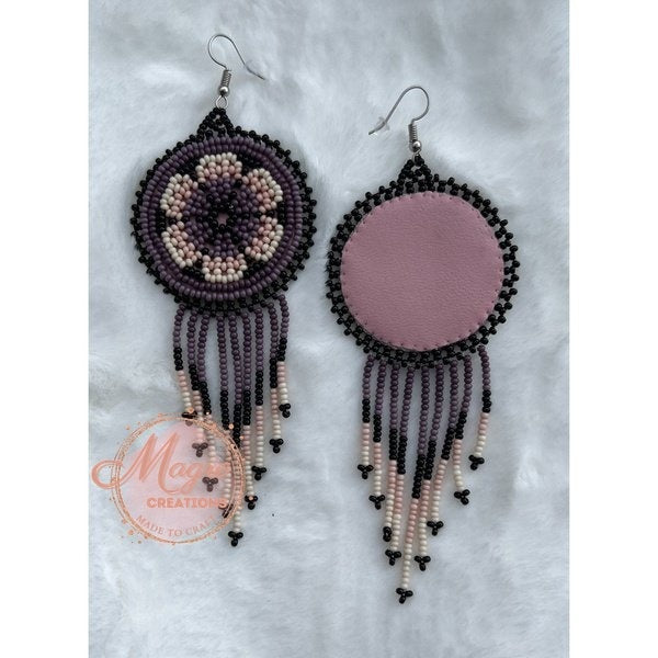 Mauve Pink and White Flower Beaded Leather Dangling Earrings