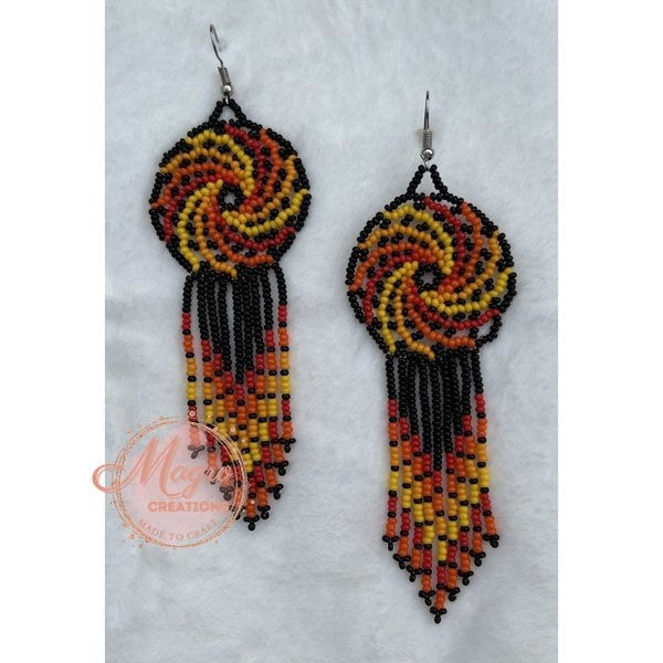Red Orange and Yellow Color Dream Catcher Beaded Dangling Earrings