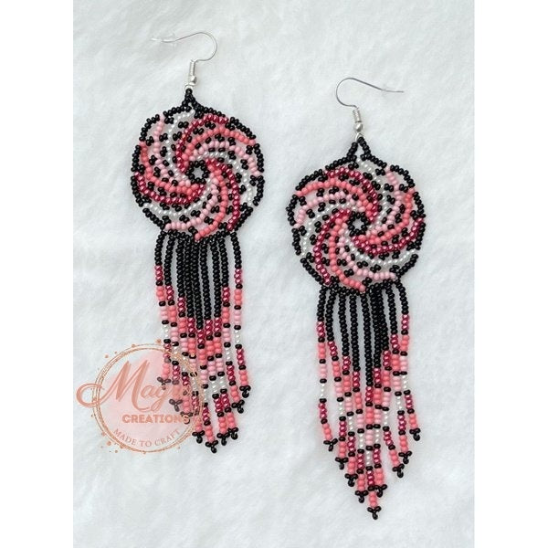 Red Pink and Grey Color Dream Catcher Beaded Dangling Earrings