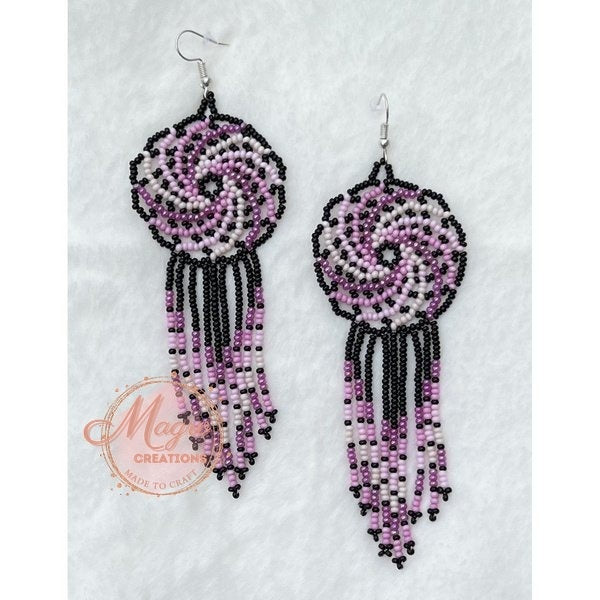 Purple and Pink Color Dream Catcher Beaded Dangling Earrings