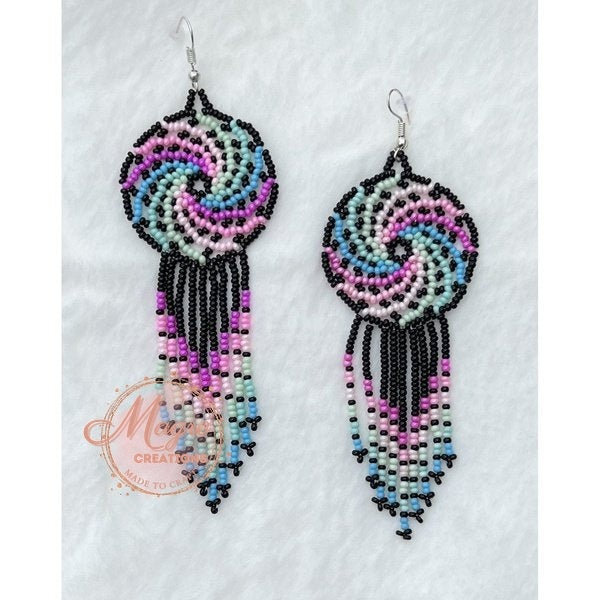 Pink Teal and Mint Color Dream Catcher Beaded Dangling Earrings