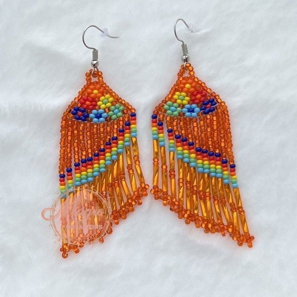 Orange Sparkling with Mini Colored Flowers Beaded Dangling Earrings