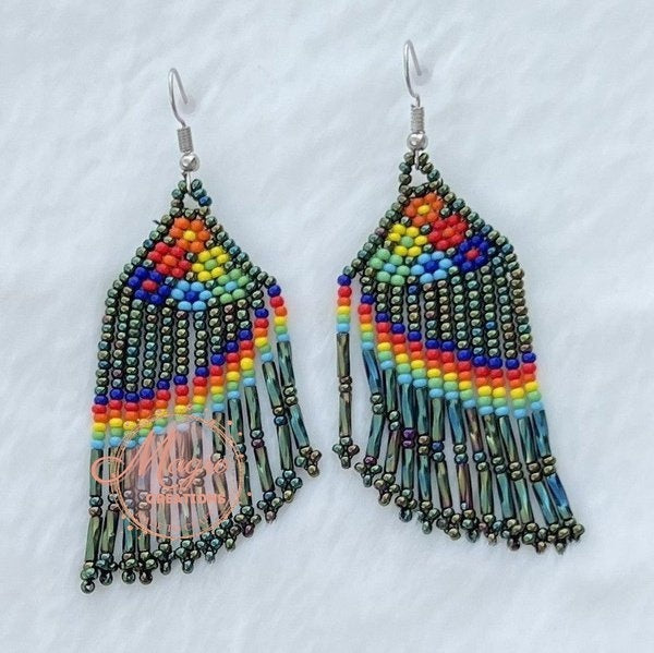 Iridescent with Mini Colored Flowers Beaded Dangling Earrings