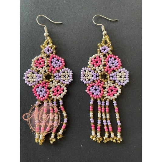 Pink Lavender White and Gold Beaded Earrings