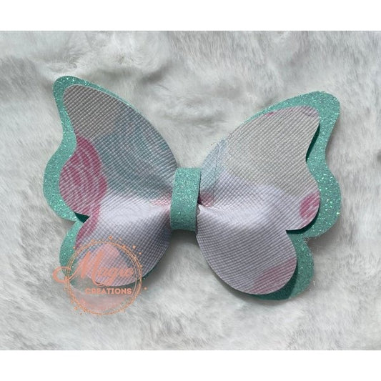 Handmade Teal Flowered Butterfly Shaped Faux Leather Hair Bow