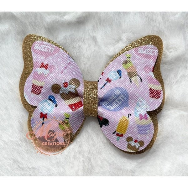 Handmade Gold Pink Ice Cream Butterfly Shaped Faux Leather Hair Bow