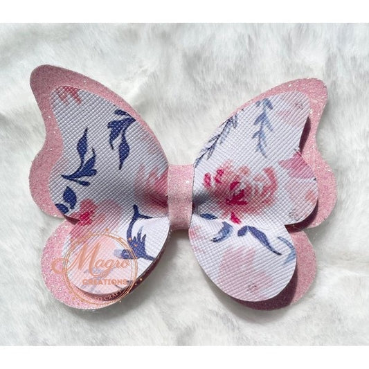Handmade Pink Flowered Butterfly Shaped Faux Leather Hair Bow