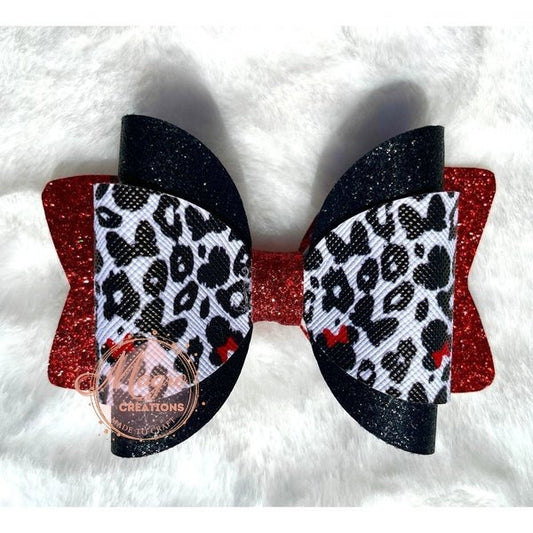 Handmade Black and Red Leopard Print Faux Leather Hair Bow