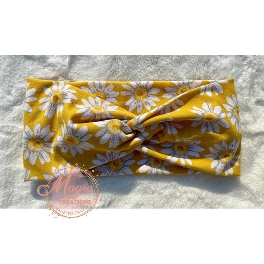 Yellow Color with Daisies Twist Top Soft and Stretchy Headband