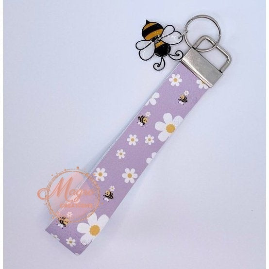Bee Daisy Faux Leather Key Fob Keychain Wristlet Double Sided with Charm