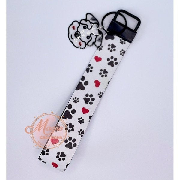 Dog Puppy Pet Faux Leather Key Fob Keychain Wristlet Double Sided with Charm