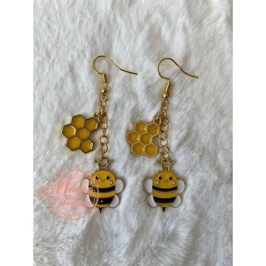 Bee with Honeycomb Charm Dangling Earrings