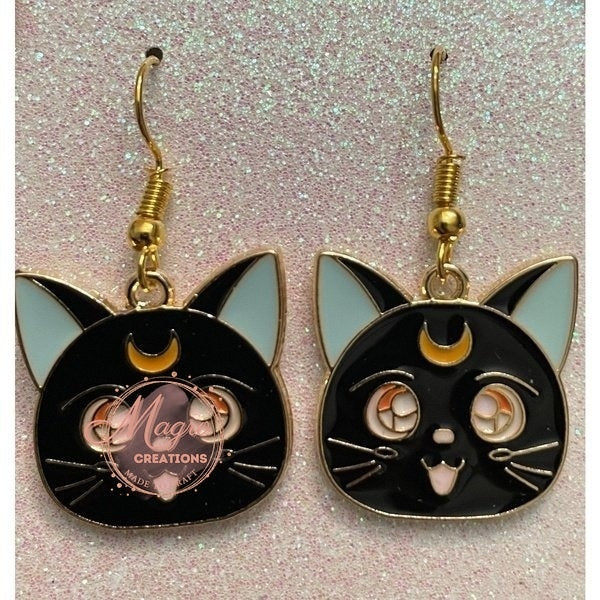 Black Moon Cat Face Earrings