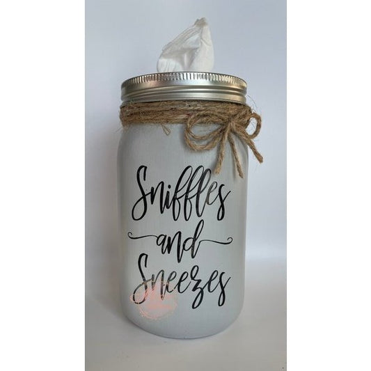 Gray "Sniffles and Sneezes" Mason Tissue Jar