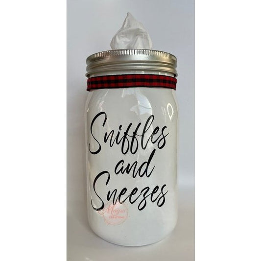 White "Sniffles and Sneezes" Mason Tissue Jar