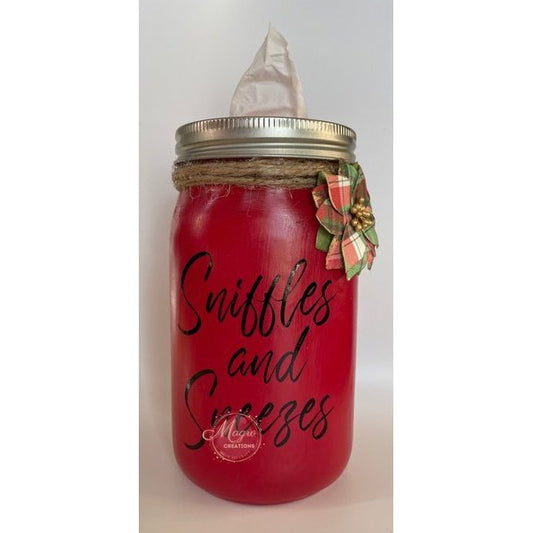 Red "Sniffles and Sneezes" Mason Tissue Jar