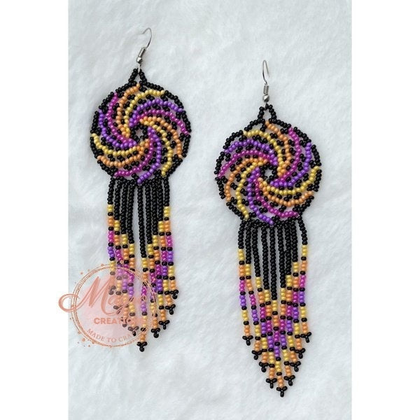 Purple Orange and Yellow Color Dream Catcher Beaded Dangling Earrings