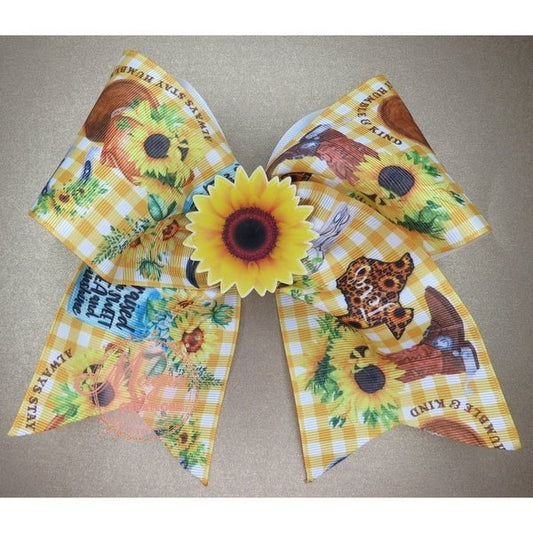 Yellow Sunflower Western Theme Ribbon Hair Bow with Sunflower Resin