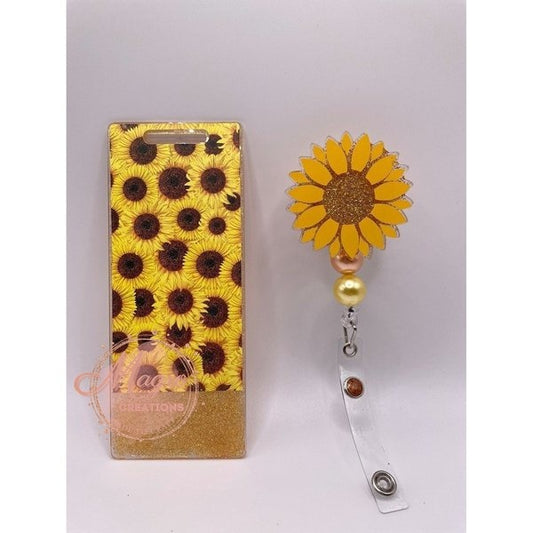 Retractable Yellow Sunflower ID School Work Badge Reel Set